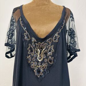 Kaktus Womens Flutter Sleeve Lace Top Size 2XL Sheer Beaded Witchy Havisham Boho